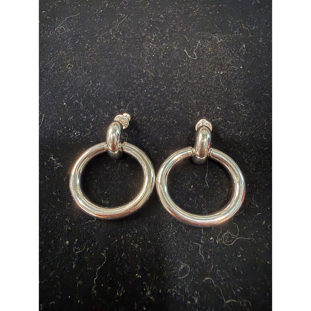 Monet Vintage Silver Tone Door Knocker Hoop Drop Earrings Post Back Round Retro